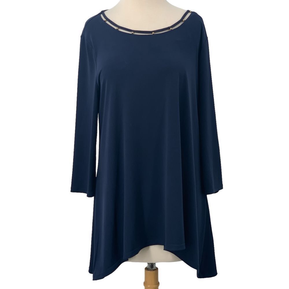 Chico's 3/4 Sleeve Navy Blue Asymmetric Tunic Top‎ Beaded Neckline Size 1 M READ